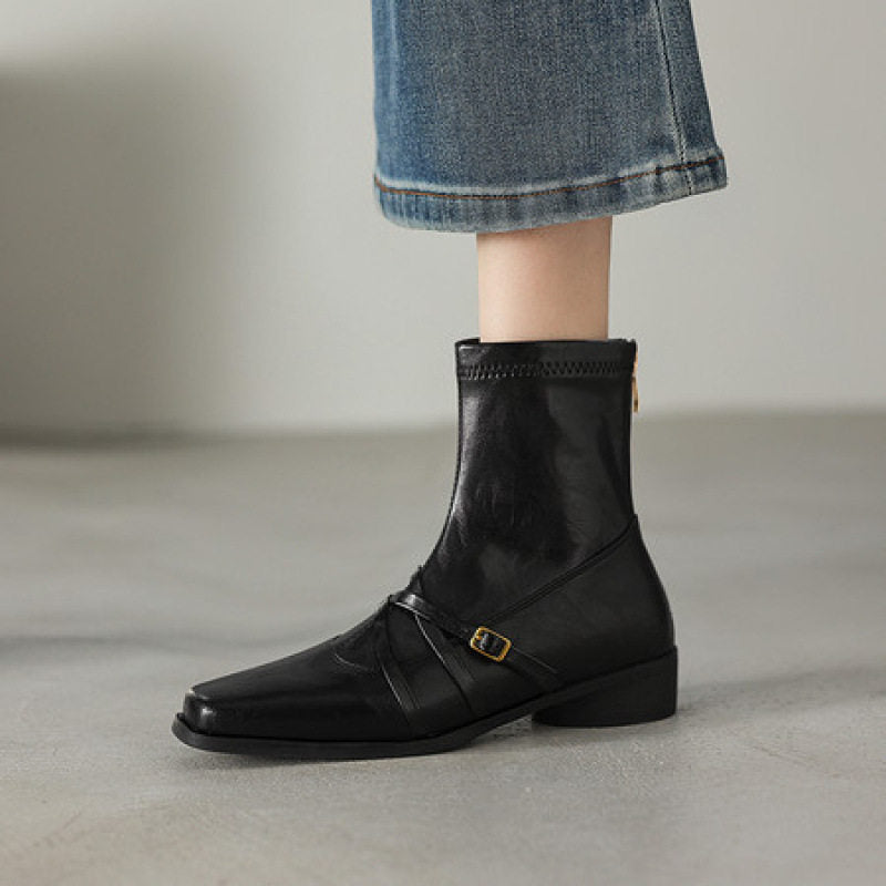 Damen Elegante Stiefeletten aus Leder mit modischem Riemen Drune