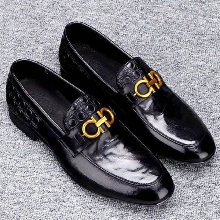 Herren Eleganter Lederlook-Loafer mit Krokoprägung und goldener Bit-Schnalle Drune