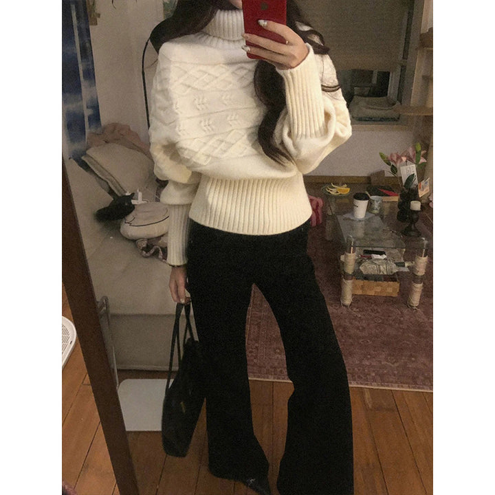 Damen Oversized Strickpullover mit hohem Kragen und strukturiertem Design Drune