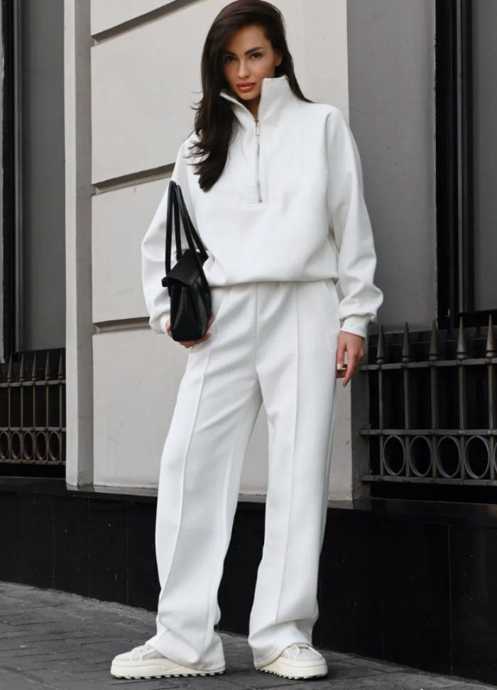 Damen Oversize-Halbreißverschluss-Sweatshirt mit weit geschnittener hochgeschnittener Palazzo-Hose Drune