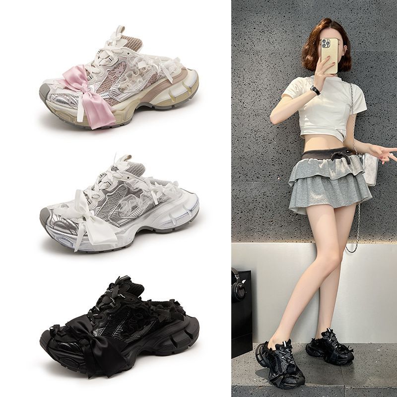 Damen Chunky-Sneaker-Mule mit Satin‑Schleife und Spitzenapplikation Drune