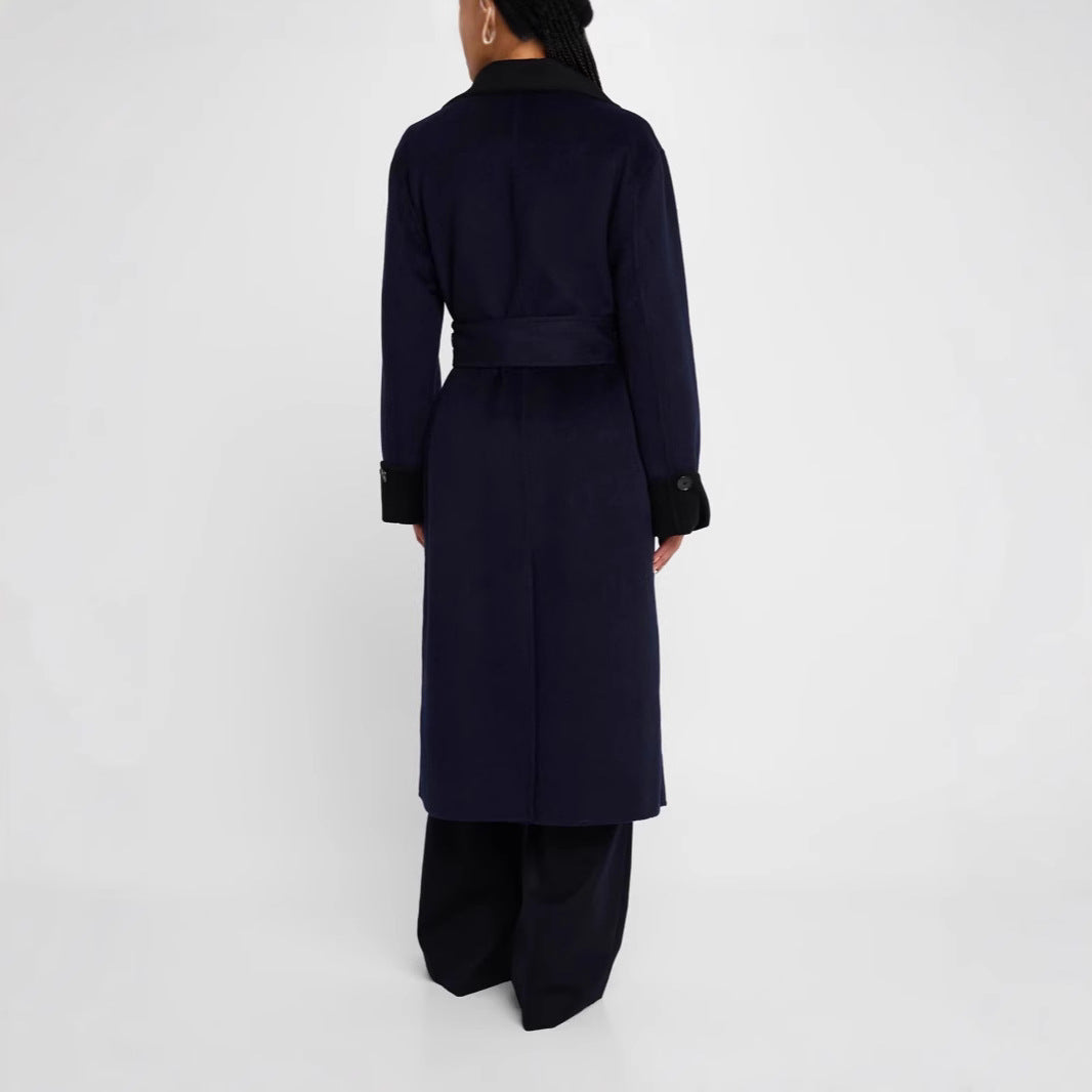 Damen Taillierter Wollmix-Mantel mit Bindegürtel, kontrastiertem Revers und Pattentaschen Drune