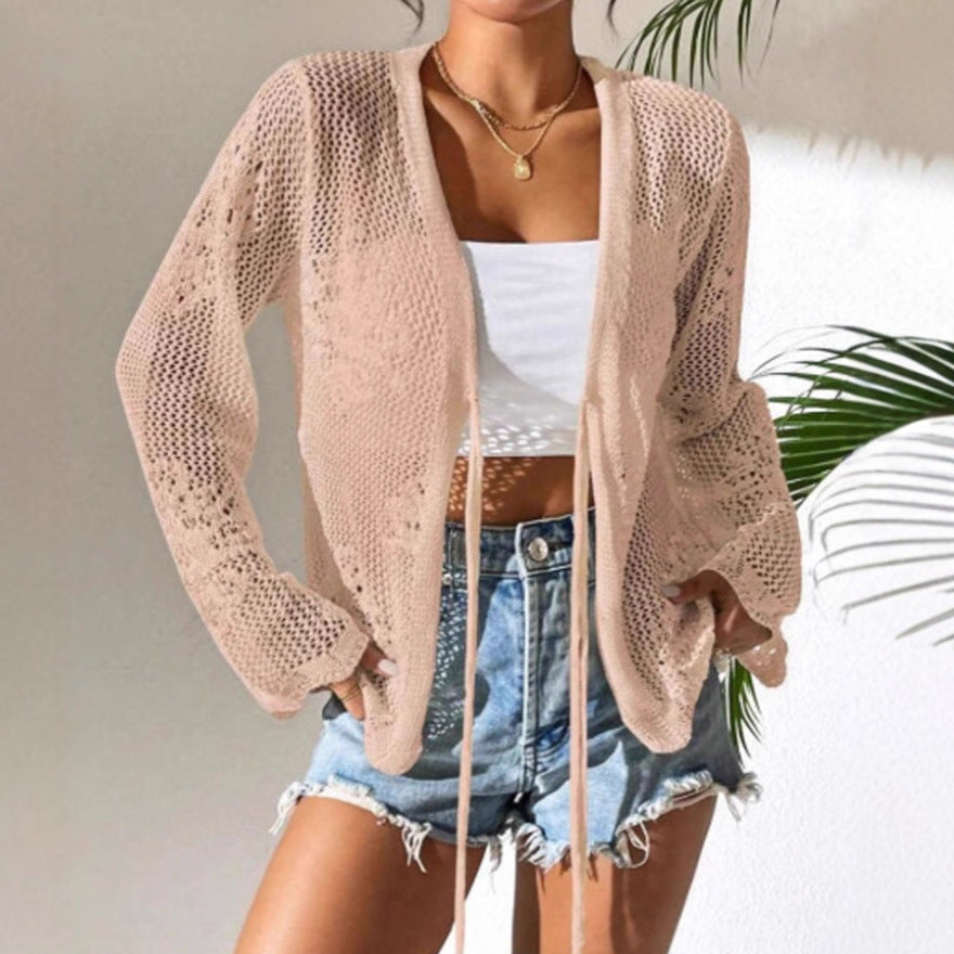 Damen Strickjacke mit luftiger Häkelstruktur und Bindeverschluss Drune