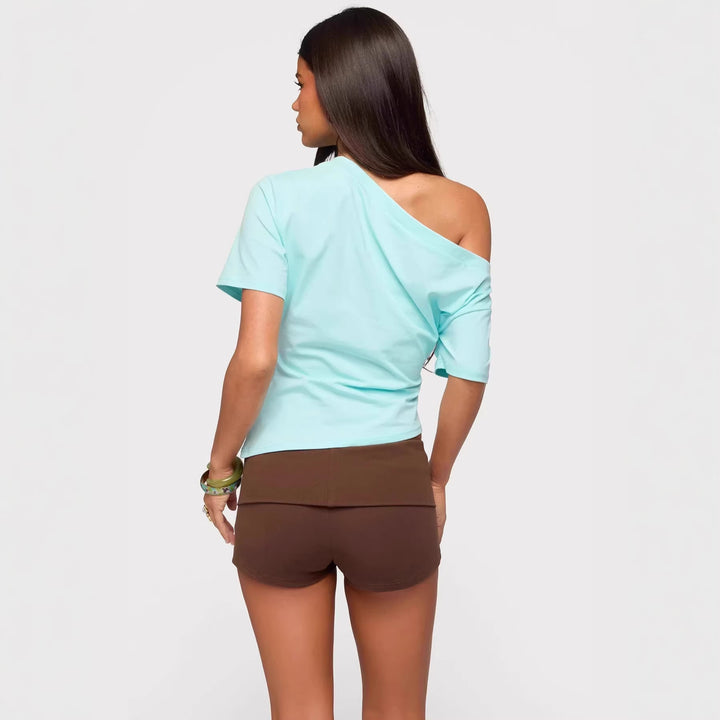 Damen asymmetrisches Oberteil mit schulterfreiem Design und kurzen Ärmeln Drune