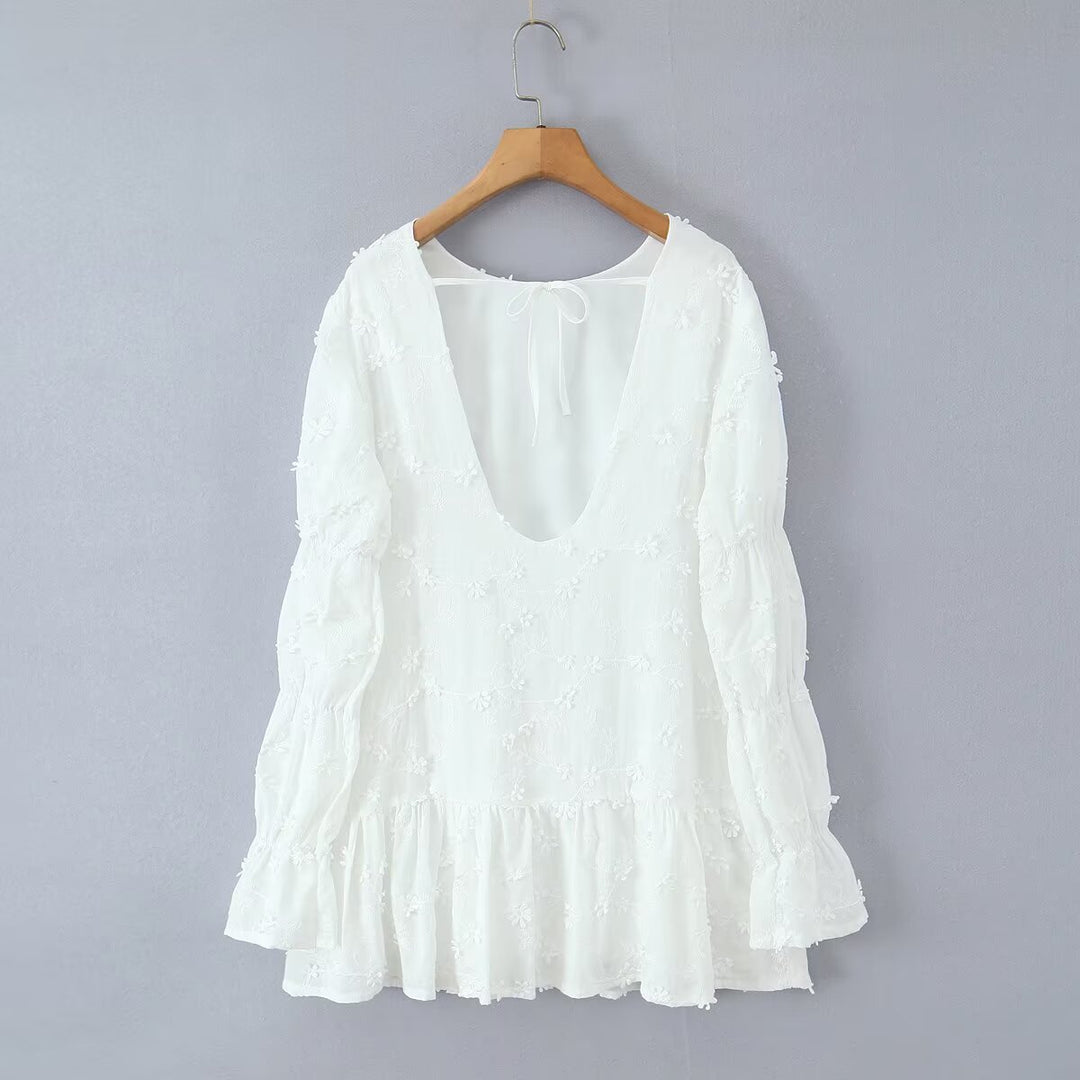 Damen luftiges Sommerkleid mit floralem Stickereidesign und voluminösen Ärmeln Drune