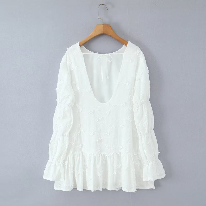 Damen luftiges Sommerkleid mit floralem Stickereidesign und voluminösen Ärmeln Drune