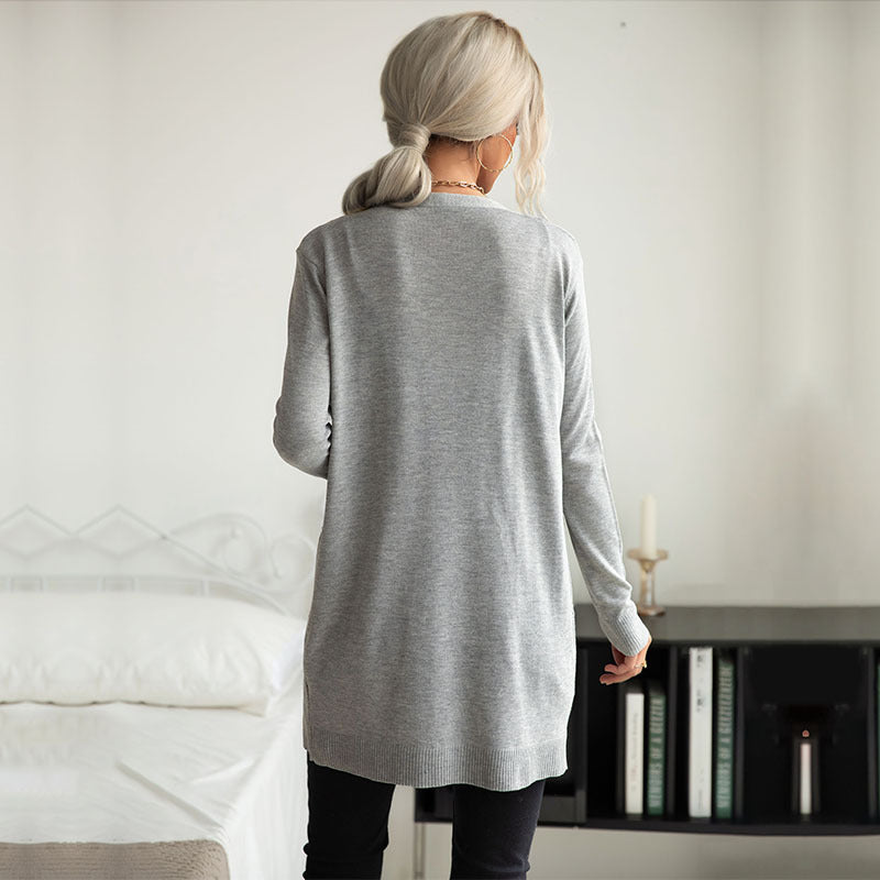 Damen Langer Feinstrick-Cardigan mit Rippenstruktur und Eingrifftaschen Drune