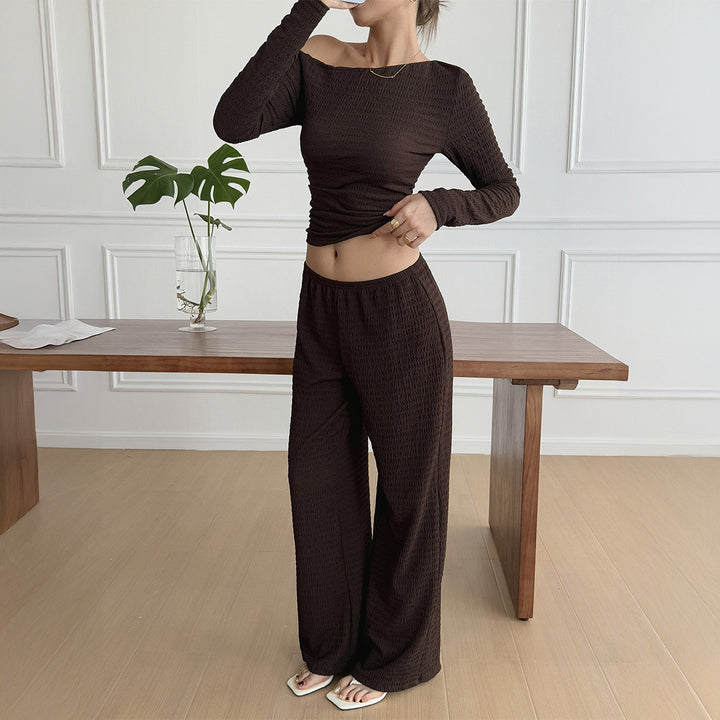 Damen nan legeres Crinkle-Lounge-Set mit Off-Shoulder Crop-Top und weiten High-Waist Palazzohose Drune