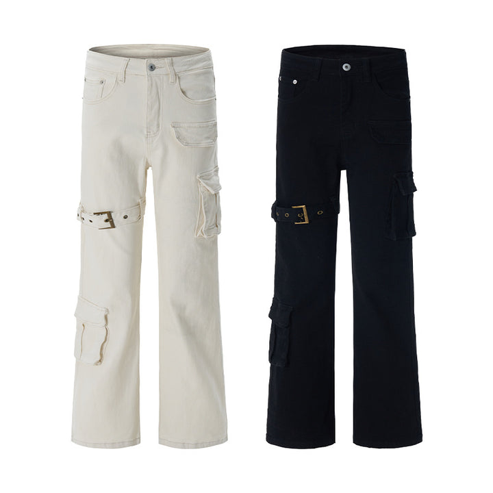 Damen Cargo-Flared-Jeans mit hoher Bundlinie, Utility-Taschen und Beinschnalle Drune