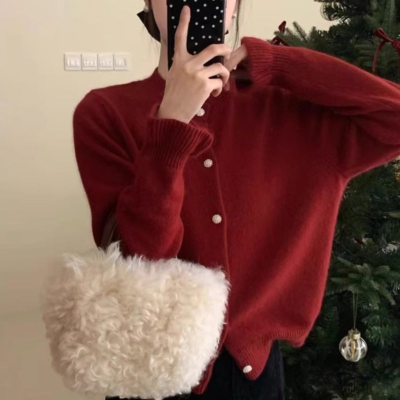 Damen Cozy Strickjacke mit Perlmuttknöpfen Drune