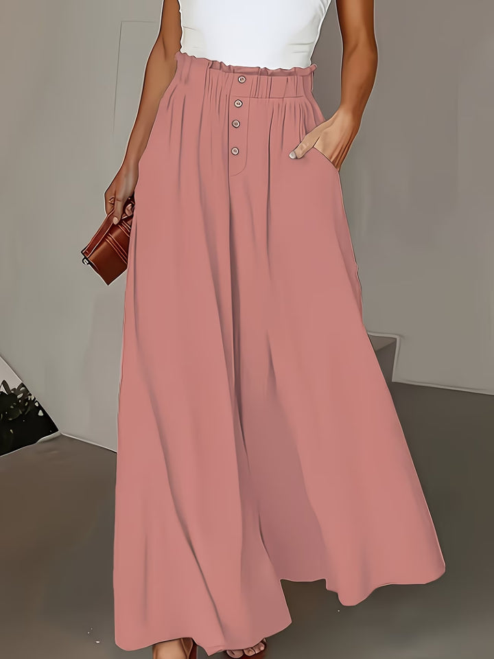 Damen weite Leinenhose mit hohem, gerafftem Bund und Knopfverzierung Drune