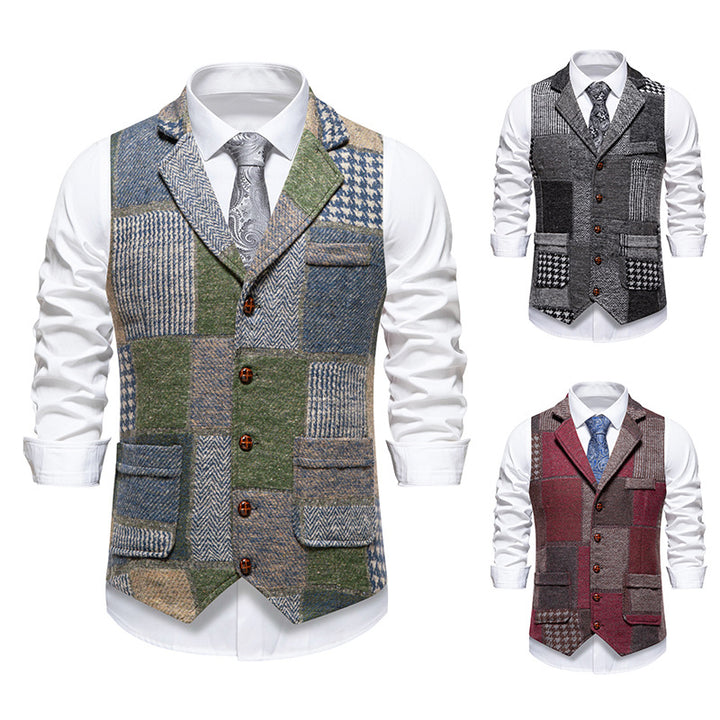 Herren Patchwork-Tweed-Weste mit Reverskragen und Pattentaschen Drune
