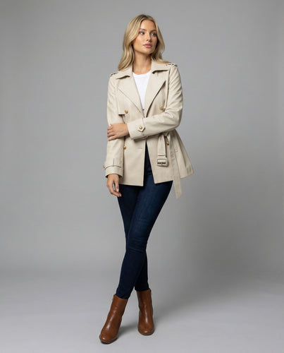 Damen übergangsjacke damen taillierter kurzer Trenchcoat mit Gürtel und doppelreihiger Knopfleiste Drune