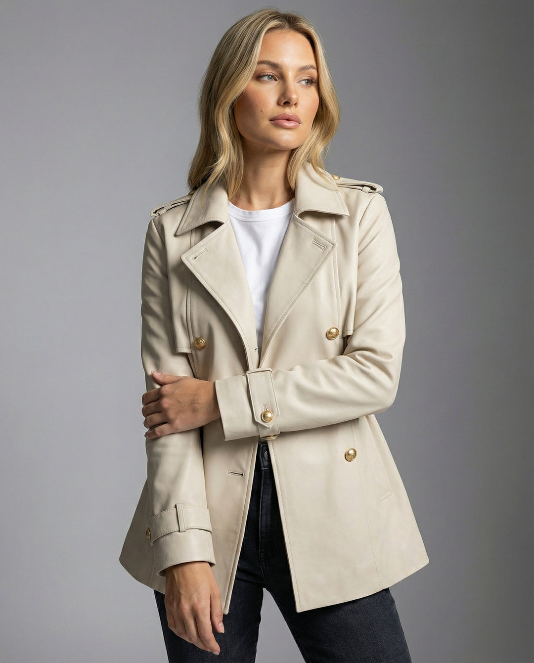 Damen übergangsjacke damen taillierter kurzer Trenchcoat mit Gürtel und doppelreihiger Knopfleiste Drune