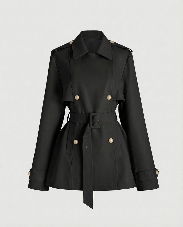 Damen übergangsjacke damen taillierter kurzer Trenchcoat mit Gürtel und doppelreihiger Knopfleiste Drune