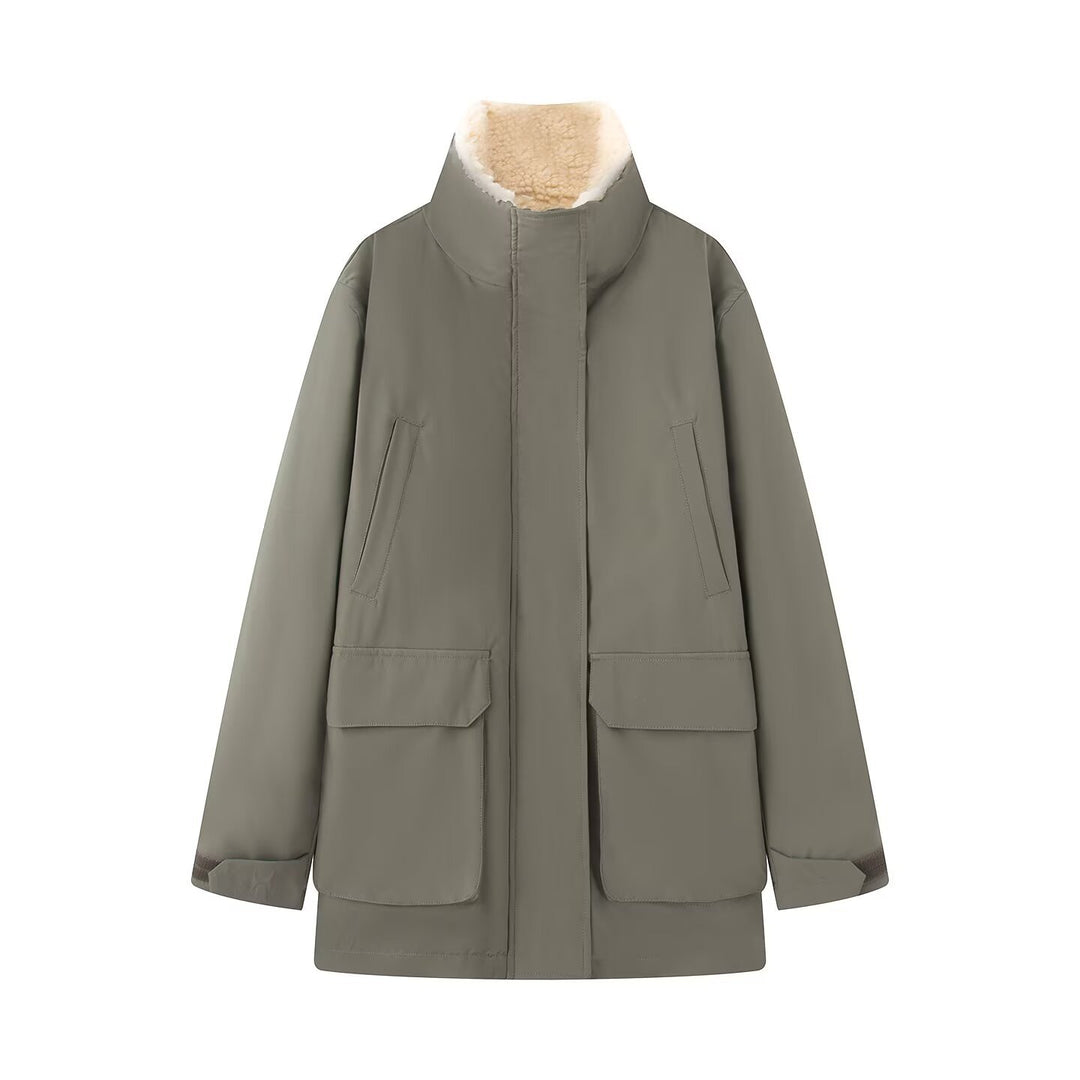 Damen Wattierte Parka‑Jacke mit hohem Teddykragen und aufgesetzten Klappentaschen Drune