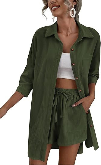 Damen Leichtes Longline-Hemdjacken-Set mit elastischer High-Waist-Shorts Drune