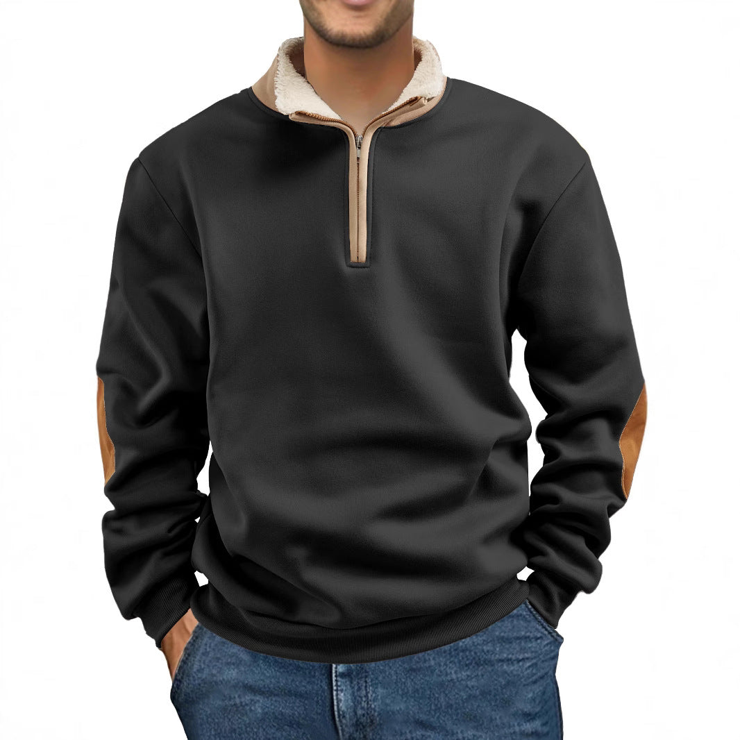 Herren nan Sherpa-gefütterter Halbzip-Pullover mit Stehkragen und Leder-Ellenbogenpatches Drune
