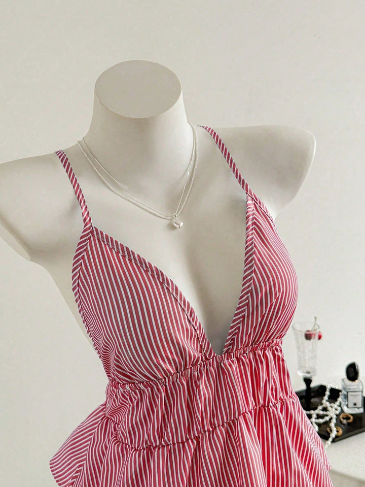 Damen elegantes Oberteil mit V-Ausschnitt und weich fallendem Rüschensaum Drune