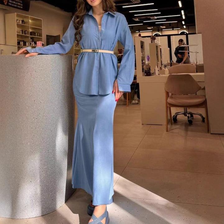 Damen Zweiteiliges Set Schlauchmaxirock mit ausgestelltem Saum und Oversize-Hemd Drune