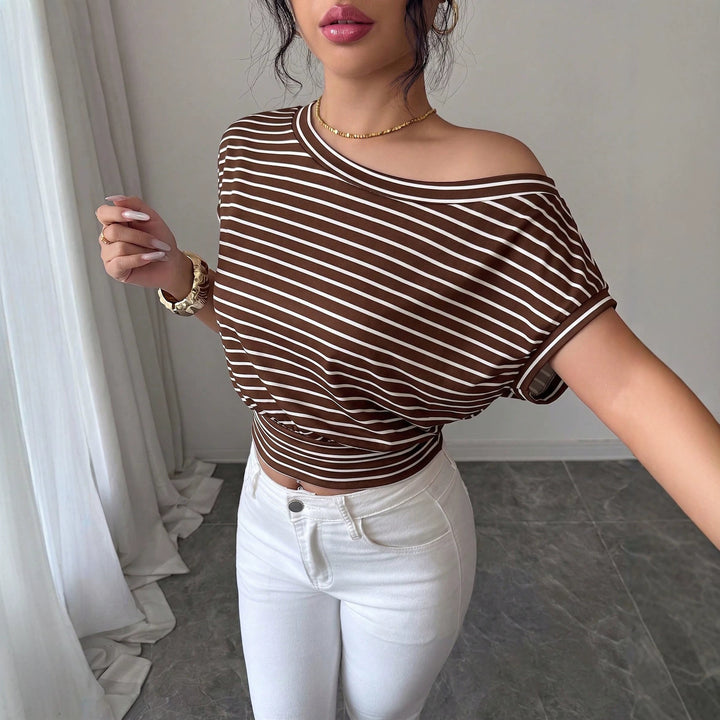 Damen Gestreiftes Off-Shoulder Cropped Shirt mit tailliertem Bund Drune