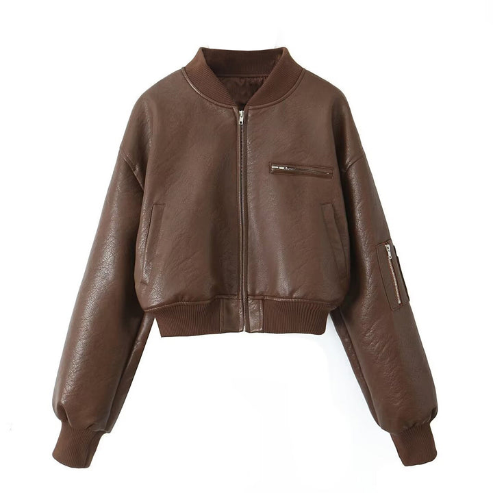 Damen Cropped-Bomberjacke in Vintage-Lederoptik mit Ärmeltasche und breitem Rippbündchen Drune