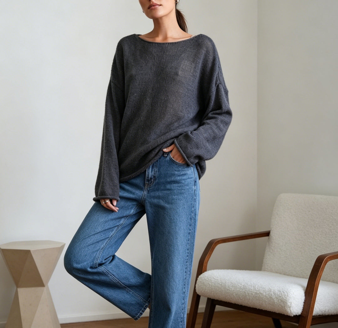Damen luftiger Oversize-Feinstrickpullover mit weitem Arm und Rundhalsausschnitt Drune