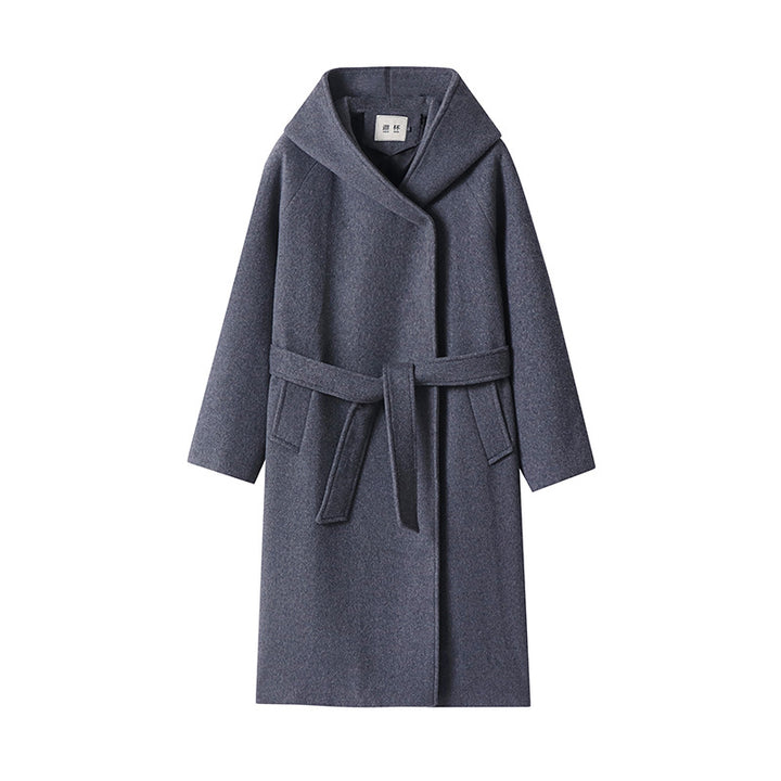 Damen Maxi-Mantel mit überzogener Kapuze, Bindegürtel und minimalistischer Wollmix‑Silhouette Drune