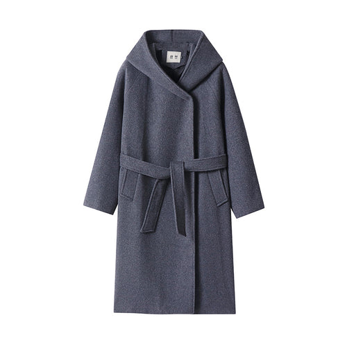 Damen Maxi-Mantel mit überzogener Kapuze, Bindegürtel und minimalistischer Wollmix‑Silhouette Drune