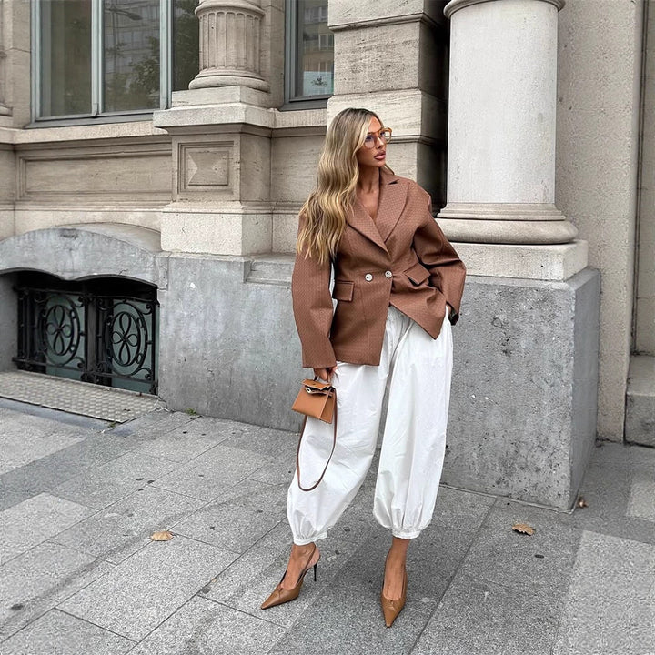 Damen Boxy-Blazer mit taillierter Drapierung und strukturierter Lederimitat-Optik Drune