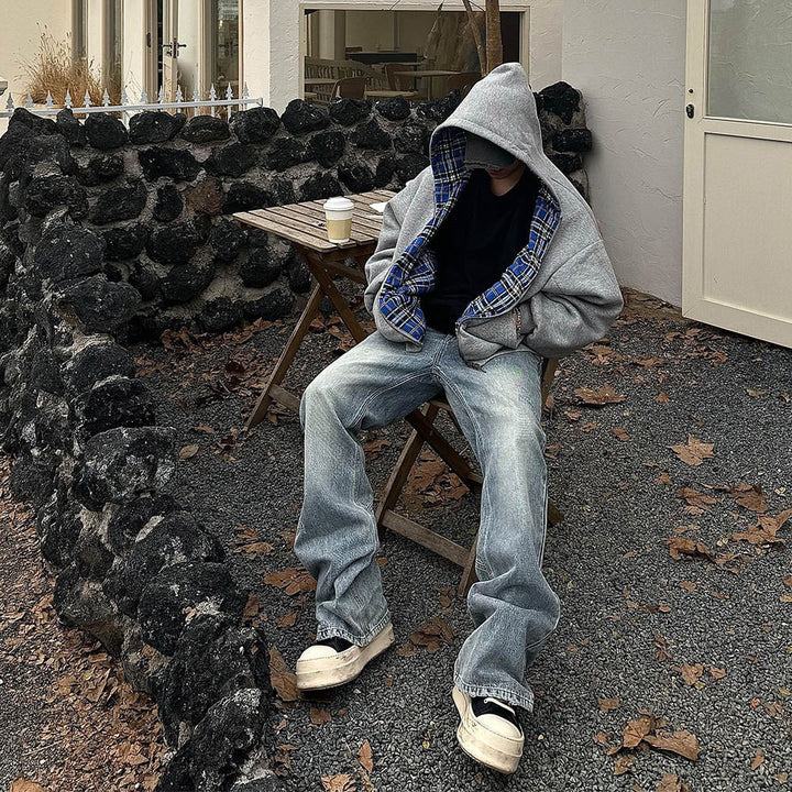 Herren gepolsterter Hoodie mit kariertem Futter und durchgehendem Reißverschluss Drune
