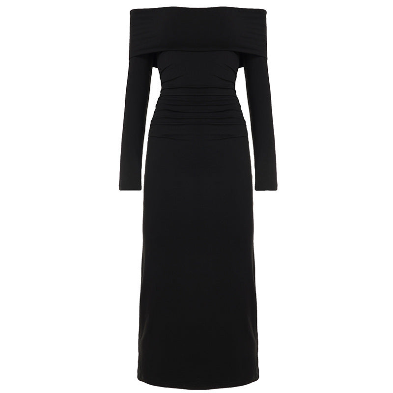 Damen Figurbetontes Off-Shoulder Maxikleid mit langen Ärmeln und geraffter Taillenpartie Drune