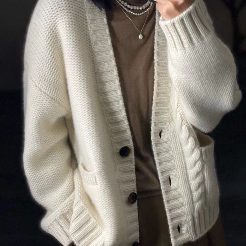 Damen Oversized Strickcardigan mit Zopfdetail, Eingrifftaschen und Knopfleiste Drune