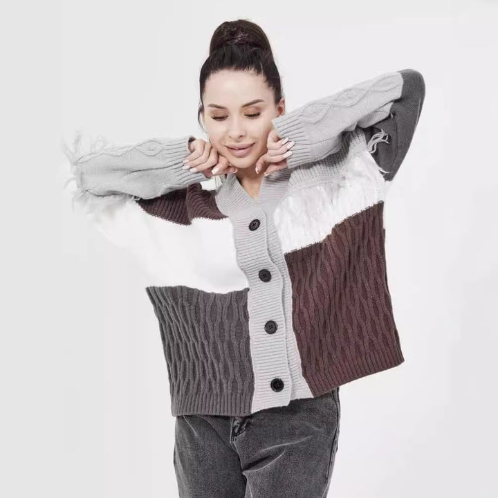 Damen grob gestrickter Cardigan mit modischem Farbblockdesign und Knopfleiste Drune