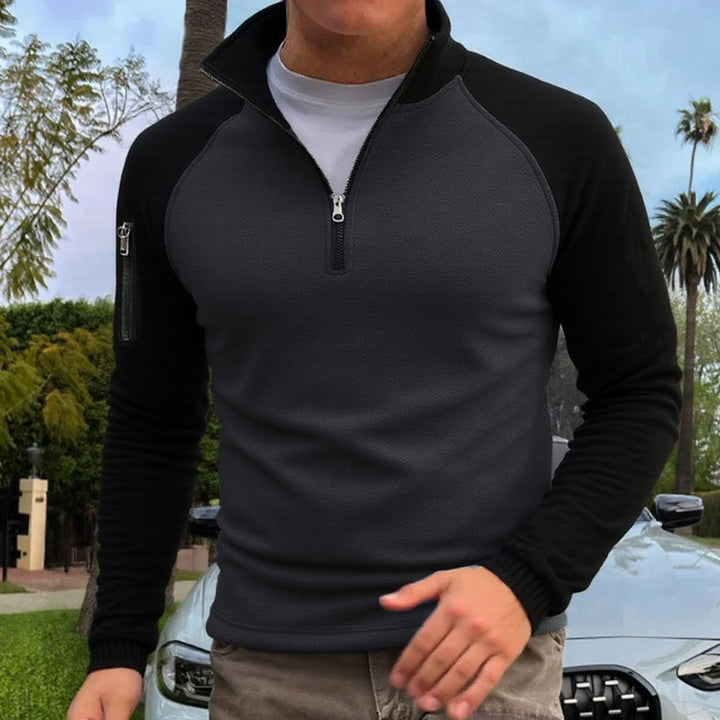 Herren slimfit Halbzip-Pullover mit Raglanärmeln, Waffelstruktur und Ärmeltasche Drune