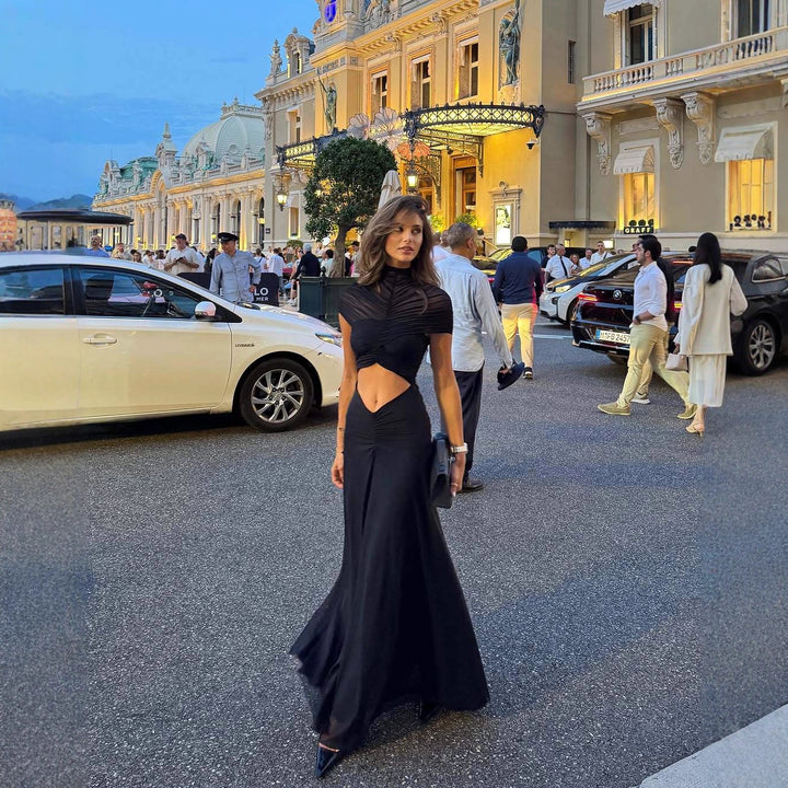 Damen elegantes Abendkleid mit raffinierten Cut-Outs und hochgeschlossenem Kragen Drune