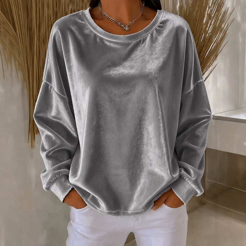 Damen Samt-Oversize-Sweatshirt mit Rundhalsausschnitt und eingesetzter Schulter Drune