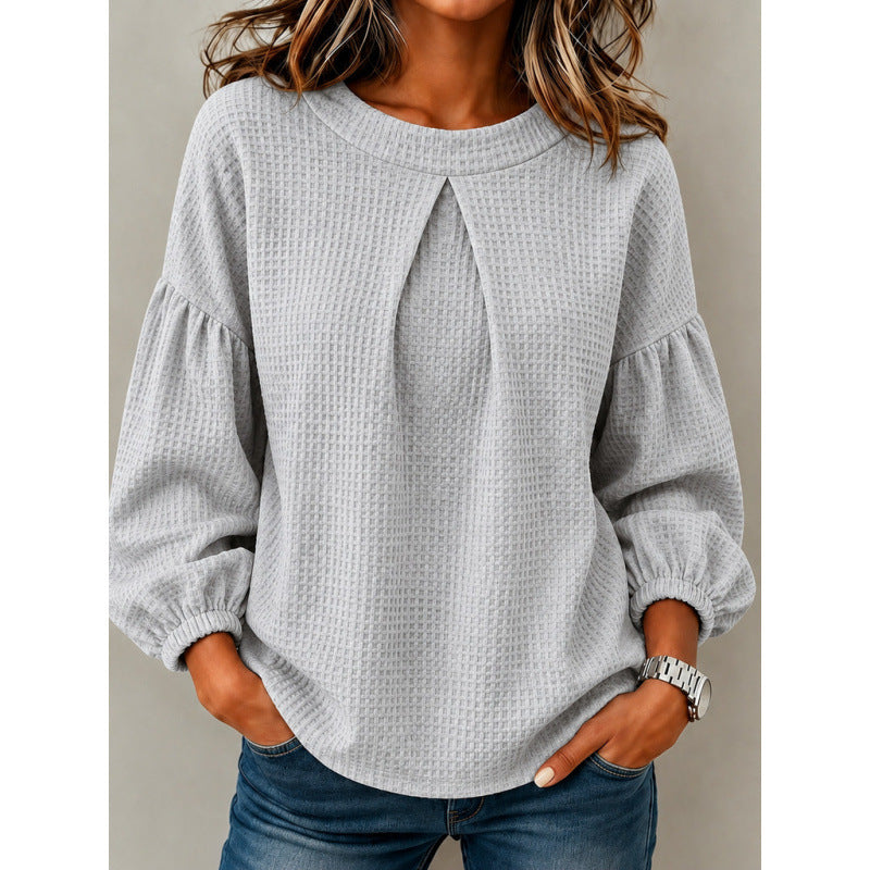 Damen Lockeres Waffelstrick-Sweatshirt mit Vorderfalte und Ballonärmeln Drune