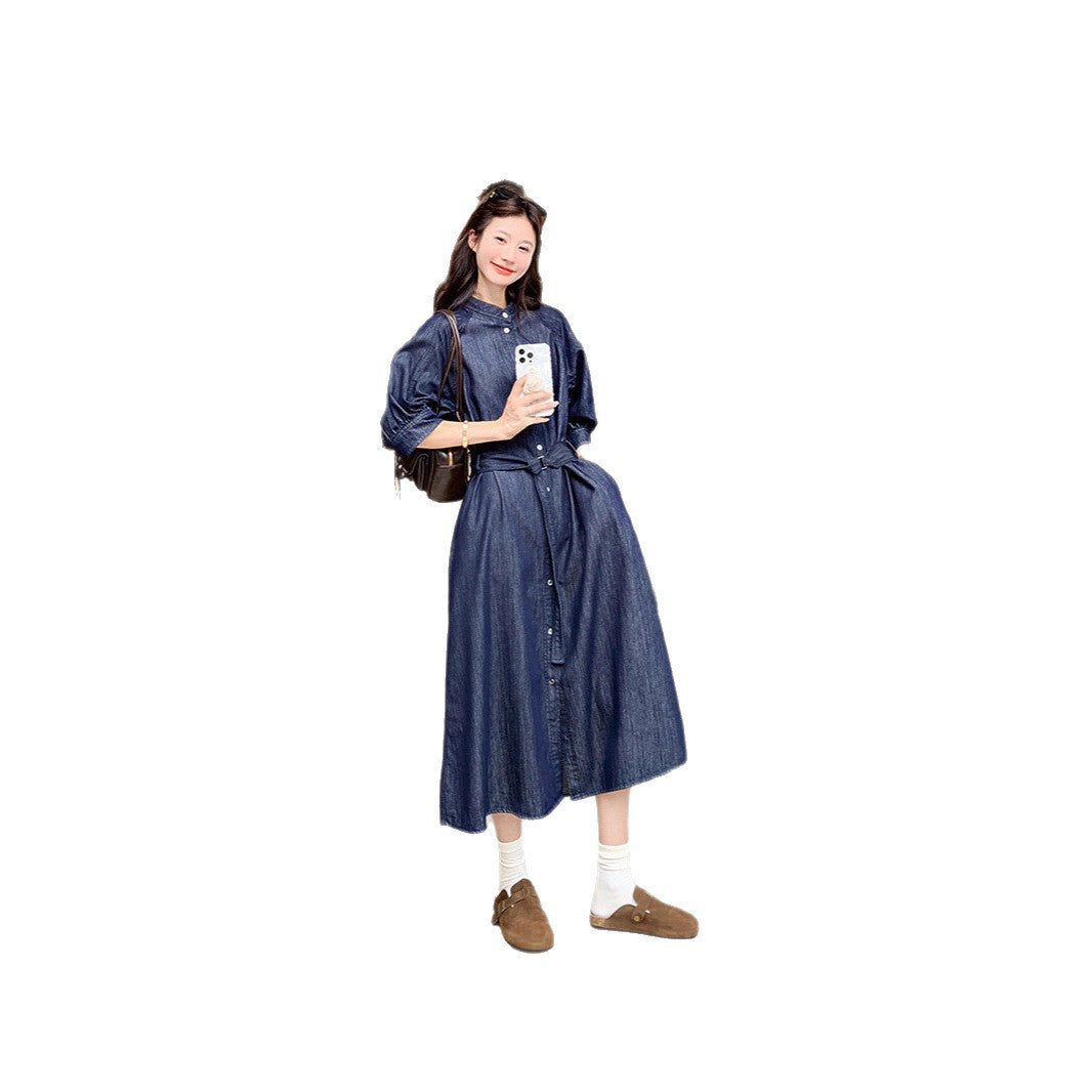 Damen Jeans-Midikleid mit durchgehender Knopfleiste, Taillengürtel und 3/4-Ärmeln Drune