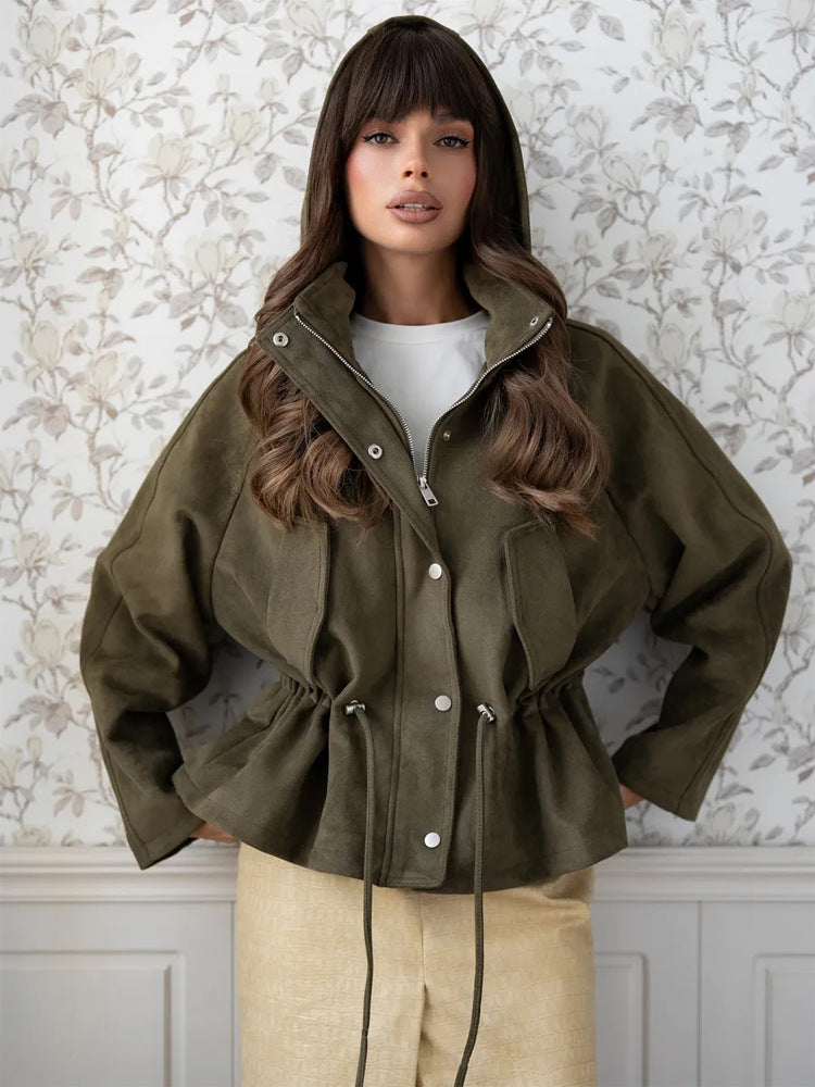 Damen Kurzblouson aus Veloursleder-Optik mit Kapuze, Tunnelzug‑Taillierung und Pattentaschen Drune