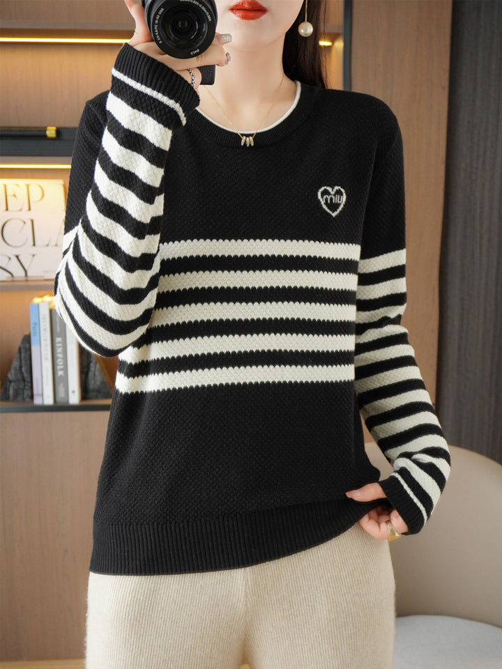Damen Oversize-Strickpullover mit Wabenstruktur, kontrastierenden Streifen und dezentem Herzlogo Drune