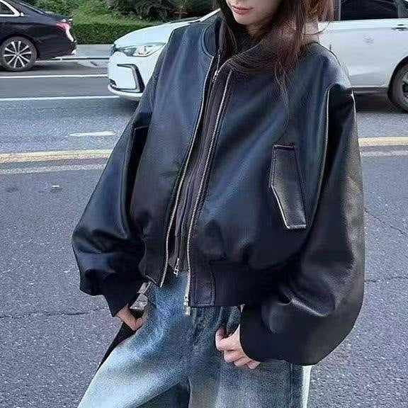 Damen stylische Lederjacke im urbanen Oversized-Schnitt Drune