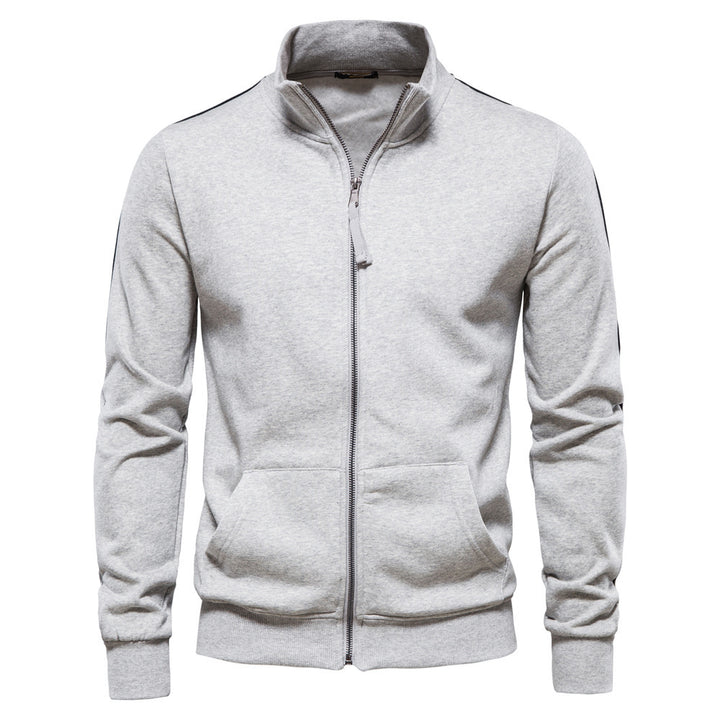 Herren nan sportive Baumwoll-Sweatjacke mit Stehkragen und Kängurutaschen Drune