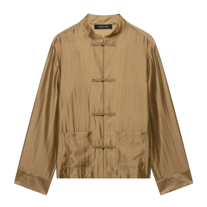 Damen Chinesisch-inspirierte Hemdjacke mit Stehkragen und Knotenknöpfen Drune