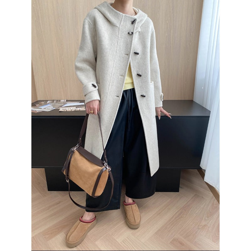 Damen eleganter Wollmantel mit hohem Kragen und Knopfdetails Drune