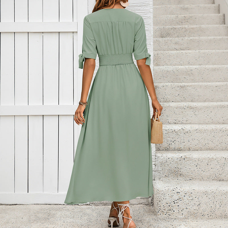Damen Elegantes Maxikleid mit V-Ausschnitt und Rüschendetails Drune