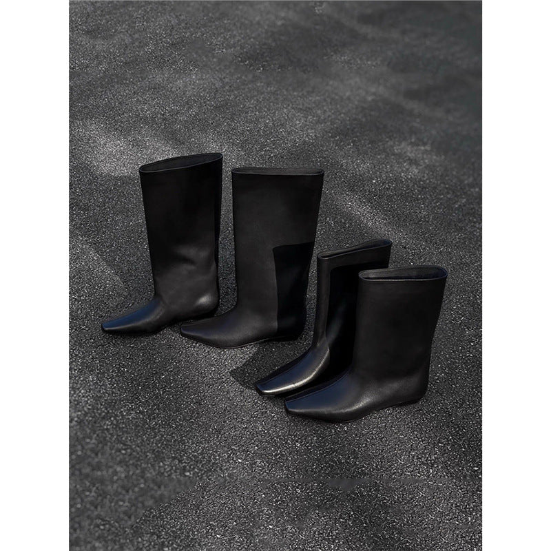 Damen kniehohe Slouch‑Lederstiefel mit quadratischer Zehenform und flachem Absatz Drune
