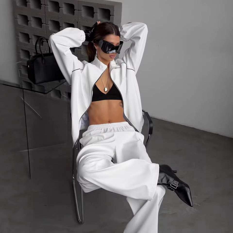Damen Zweiteiliges Loungewear-Set mit Stehkragen-Zipjacke und weiter Bundfaltenhose Drune