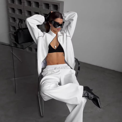 Damen Zweiteiliges Loungewear-Set mit Stehkragen-Zipjacke und weiter Bundfaltenhose Drune
