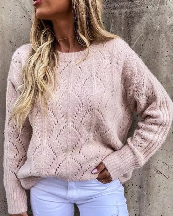 Damen Oversize Ajourstrick-Pullover mit Rundhalsausschnitt Drune